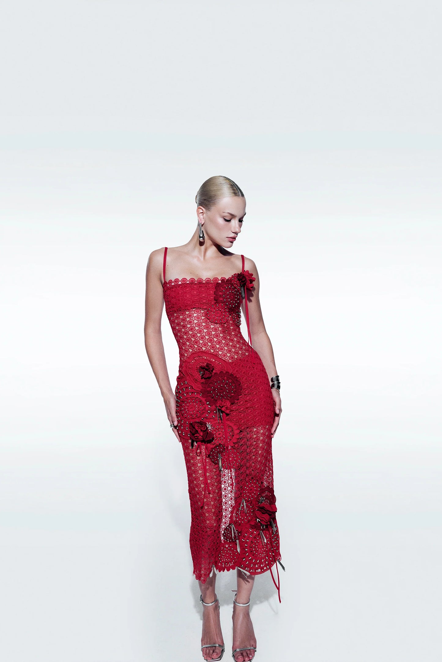 Broderie Flower Dress Red